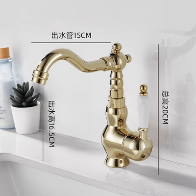 法式复古水龙头全铜面盆洗手盆龙头古典浴室金色陶瓷把手冷热水头
