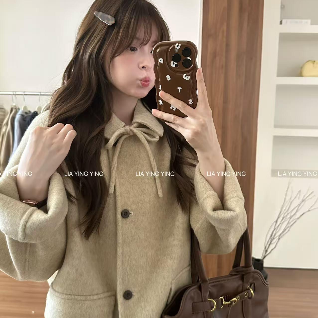 【恋爱新手】嗲～蝴蝶结～新款手工立缝双面尼～羊毛双面尼外套