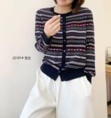 奥斯飞尔2026春季 针织衣外套女 圆领格纹拼色宽松天丝长袖 新款 韩版