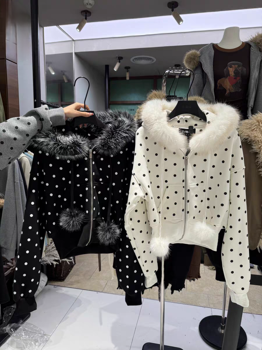 十三行美式冬季新款波点毛领短款修身开衫卫衣时尚休闲百搭外套女