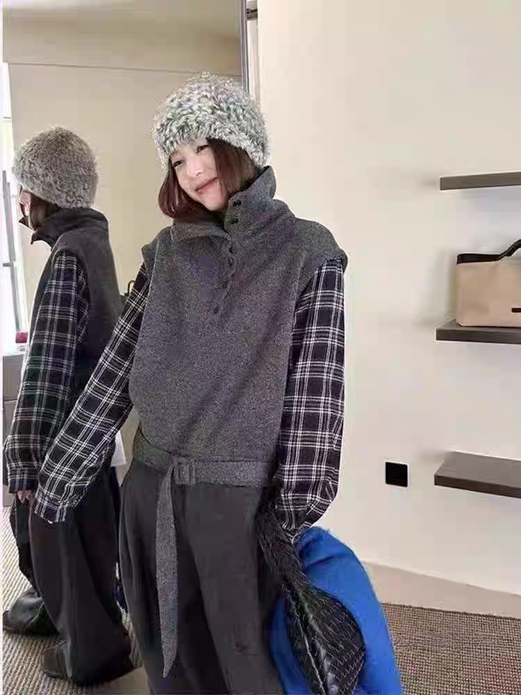 欧美系秋冬季新款假两件毛衣女休闲宽松立领简约拼接格子针织上衣