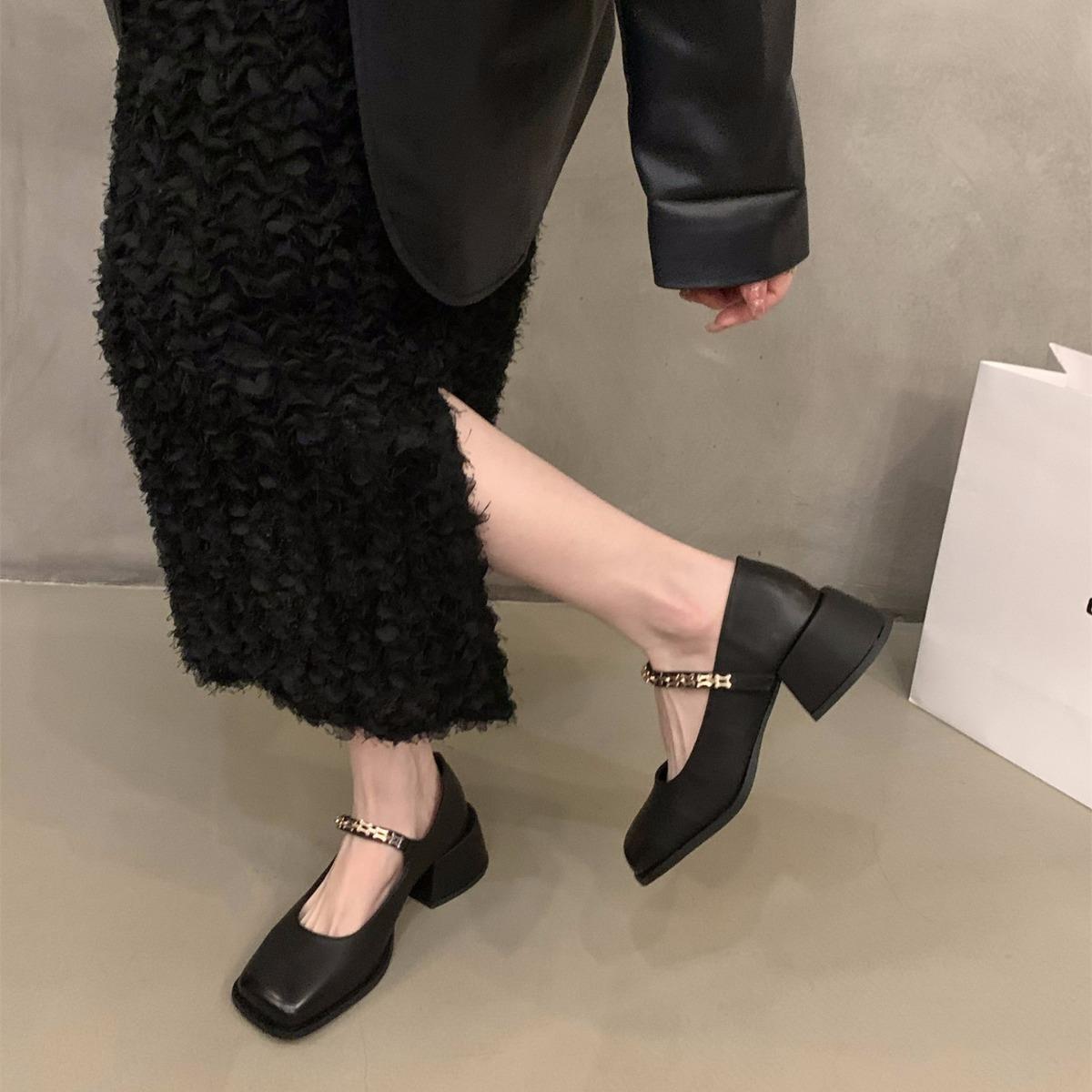 粗跟高跟鞋黑色玛丽珍小皮鞋女鞋子2025新款春秋冬季法式晚晚单鞋