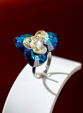 蓝莲花欧美风夸张配饰花朵戒指