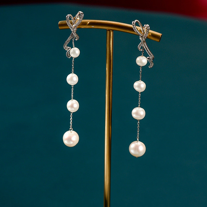 相思引复古气质纯银耳环蝴蝶结耳钉长款珍珠耳坠轻奢晚礼服配饰女