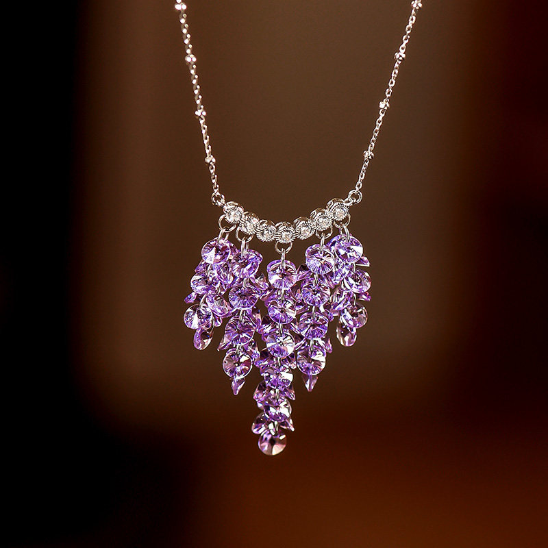 暮色原创S925银多层水晶流苏项链华丽水滴锁骨链女短款小礼服配饰