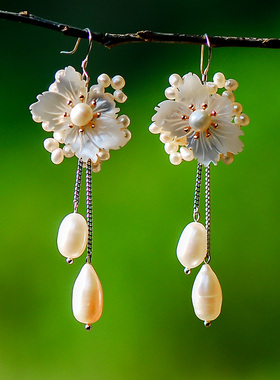 语嫣S925银饰品天然珍珠贝壳花朵耳环长款流苏耳坠气质耳饰甜美