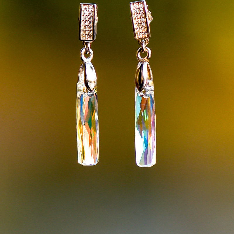 是与非925纯银耳钉简约极光水晶长款冰条方糖耳坠耳饰女甜美气质