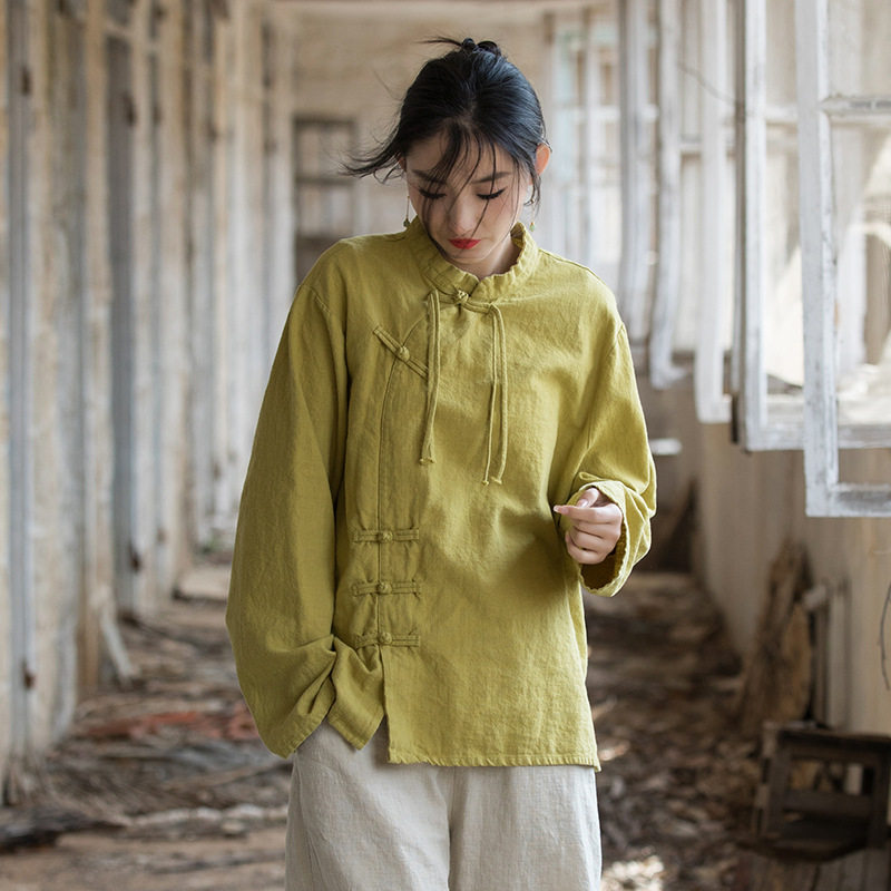 25秋国风原创女装苎麻棉手工盘扣砂洗改良上衣文艺范女式长袖T恤