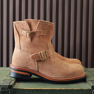 手工固特异反毛真皮工程师靴美式复古中筒机车靴马丁靴骑士皮靴秋