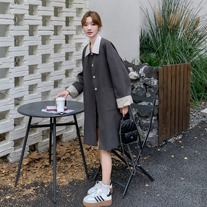 高级感灰色风衣外套女2024秋季新款韩系撞色翻领休闲小个子大衣潮，女装风衣，浙宝159