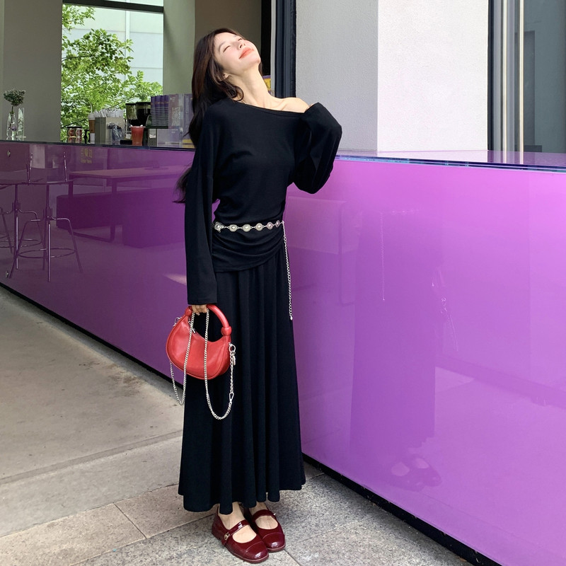 新款！黑色针织衫两件套装配腰带159-533P165K248,女装套装/套裙,浙宝159