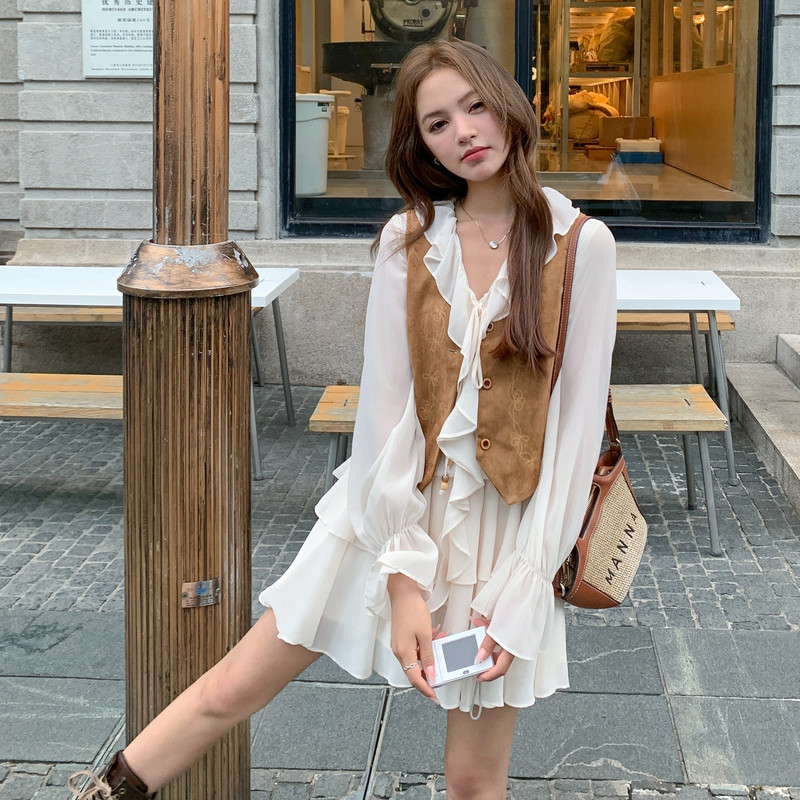 现货法式木耳边连衣裙+马甲套装女两件套159-516P155K228，女装套装/套裙，浙宝159