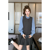 现货高品质蓝色衬衫+毛呢裙两件套装159-736P165K248，女装套装/套裙，浙宝159