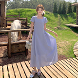 现货法式蓝色韩系修身泡泡袖连衣裙长款159-775P125K188，女装连衣裙，浙宝159