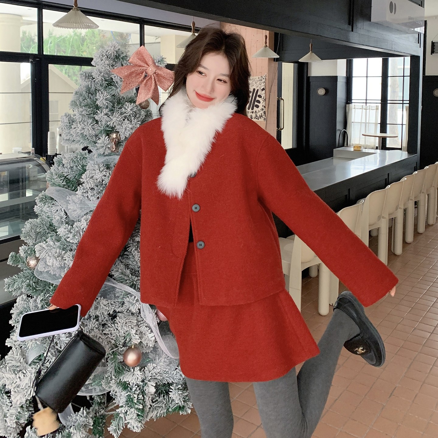 新款！红色毛呢羽绒服两件套配毛领套装159-566P285K428,女装套装/套裙,浙宝159