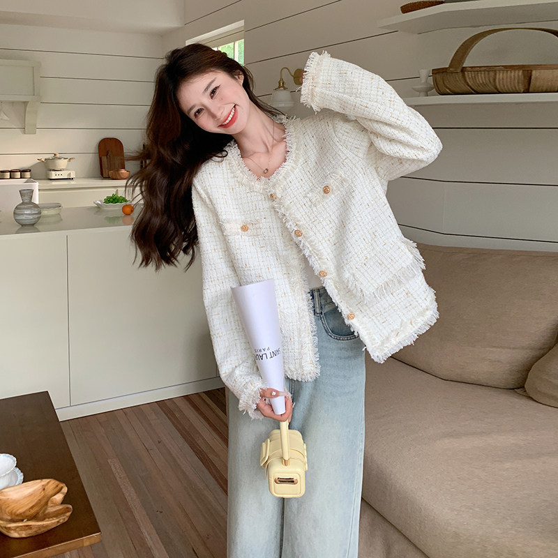 法式流苏精致白色小香风外套女2025春秋新款小个子名媛粗花呢短款，女装短外套，浙宝159