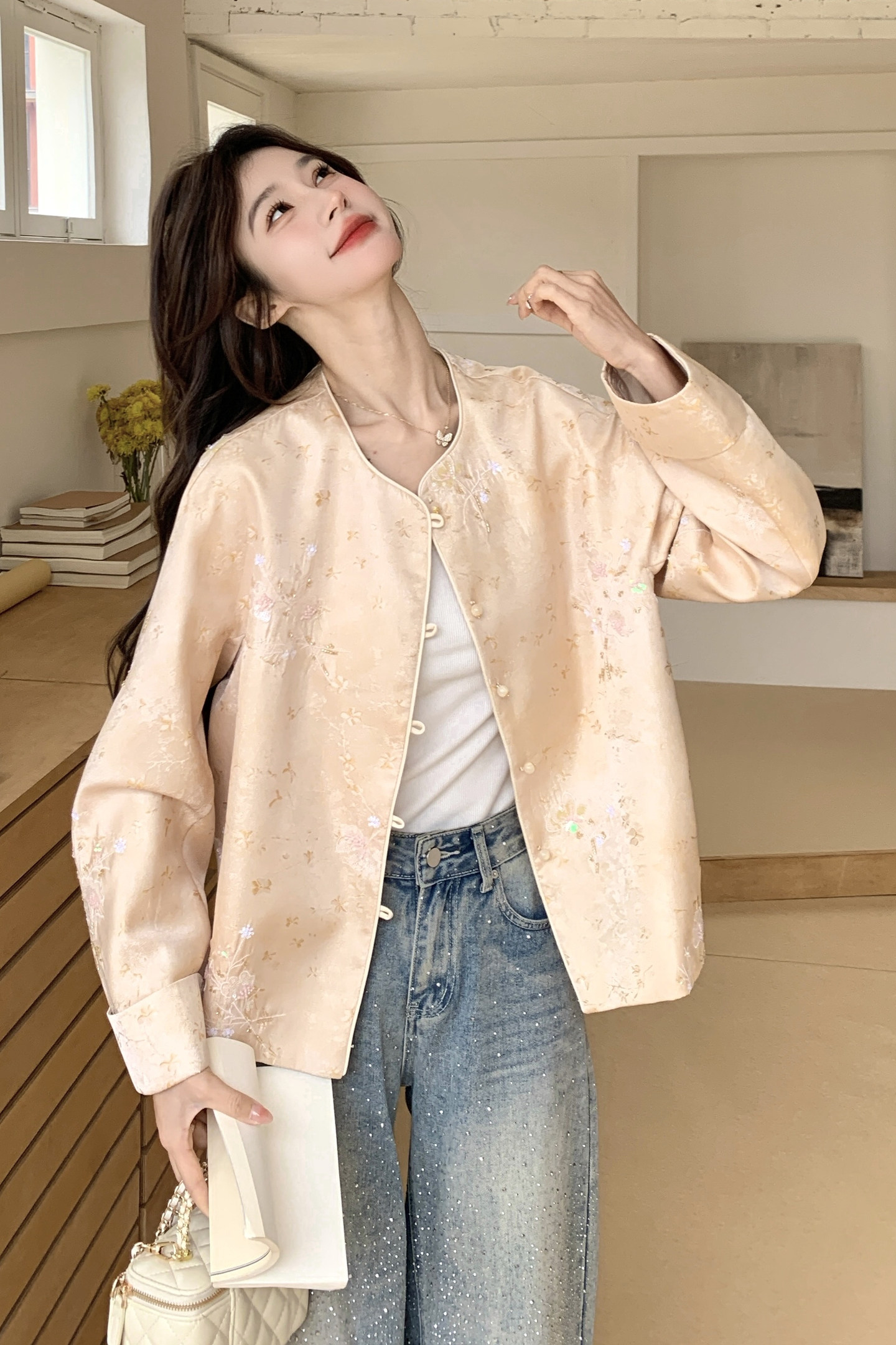 新款！钉珠刺绣工艺高品质新中式风外套159-2609P205K358,女装短外套,浙宝159