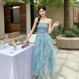 新款！蓝色网沙吊带连衣裙159-2616P135K218，女装连衣裙，浙宝159