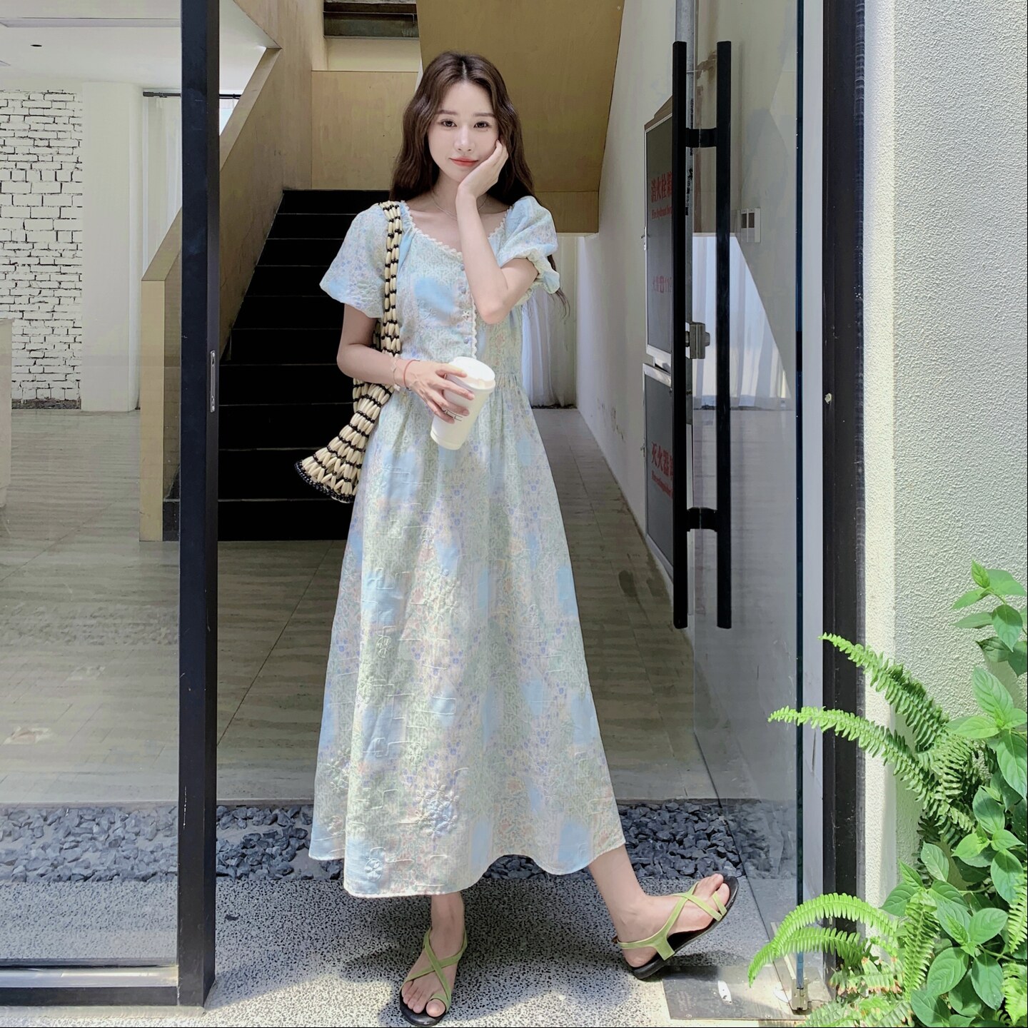 新款现货！印花绿色蕾丝收腰法式连衣裙159-799P135K198,女装连衣裙,浙宝159