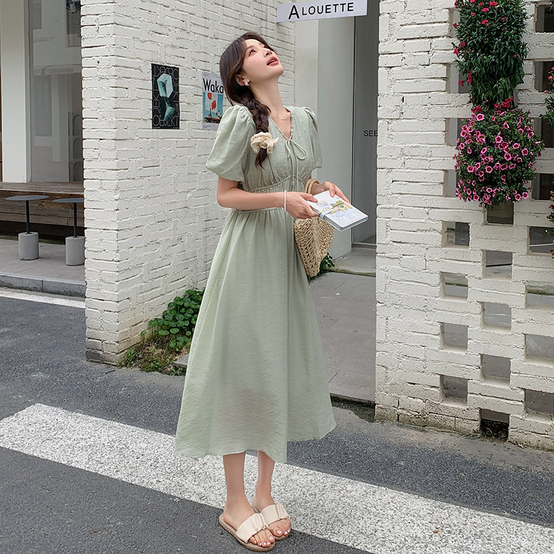 现货！有买家秀绿色松紧腰天丝棉连衣裙159-0928P125K178,女装连衣裙,浙宝159