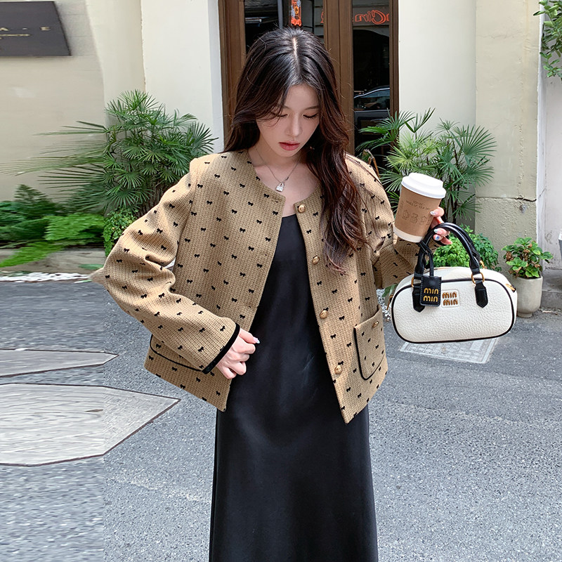 蝴蝶结名媛法式千金小香风外套女2025秋短款撞色轻奢小众设计上衣,女装短外套,浙宝159