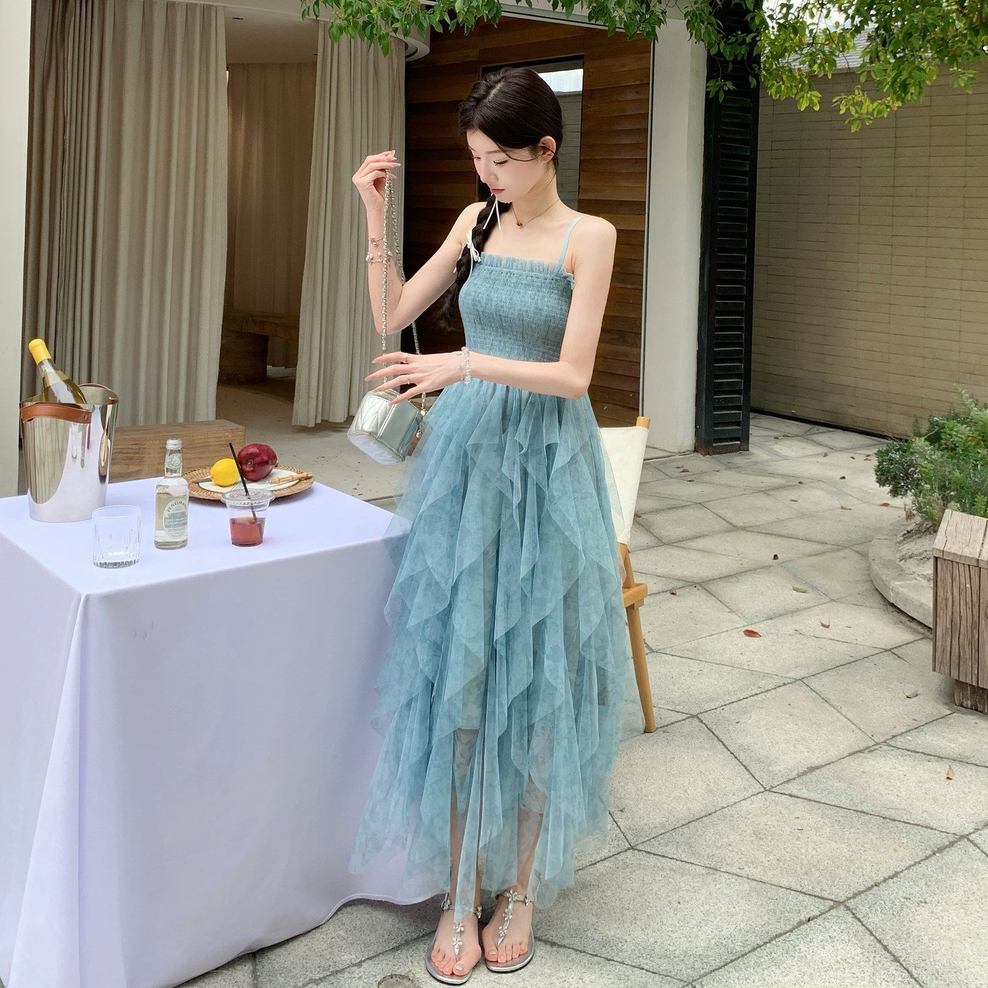 新款！蓝色网沙吊带连衣裙159-2616P135K218,女装连衣裙,浙宝159