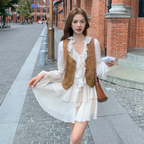 现货新款！法式木耳边连衣裙+马甲套装女两件套159-516P155K228，女装套装/套裙，浙宝159