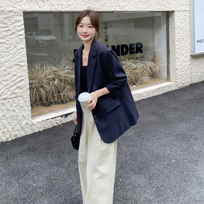现货！韩版宽松垫肩藏青色西装外套159-511P145K218,女装西装,浙宝159
