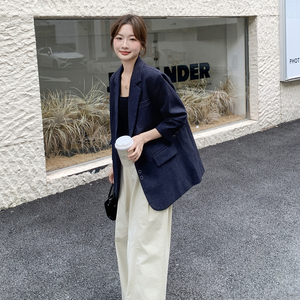 现货！韩版宽松垫肩藏青色西装外套159-511P145K218,韩版西装怎么搭配鞋子图片图片