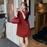 新款现货！过年红色洋气针织衫亮片毛呢裙套装159-737P155K228，女装套装/套裙，浙宝159