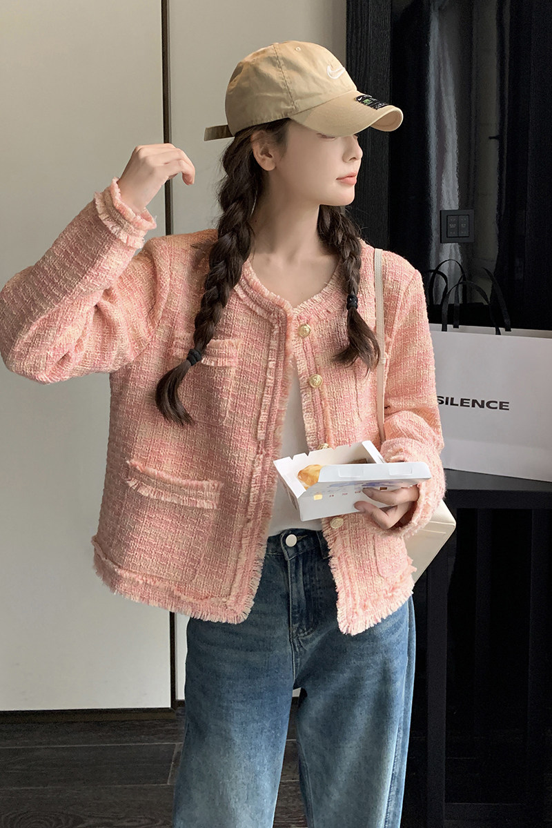 粉色小香风外套女2024秋新款别致设计感流苏流行漂亮法式气质上衣,女装短外套,浙宝159
