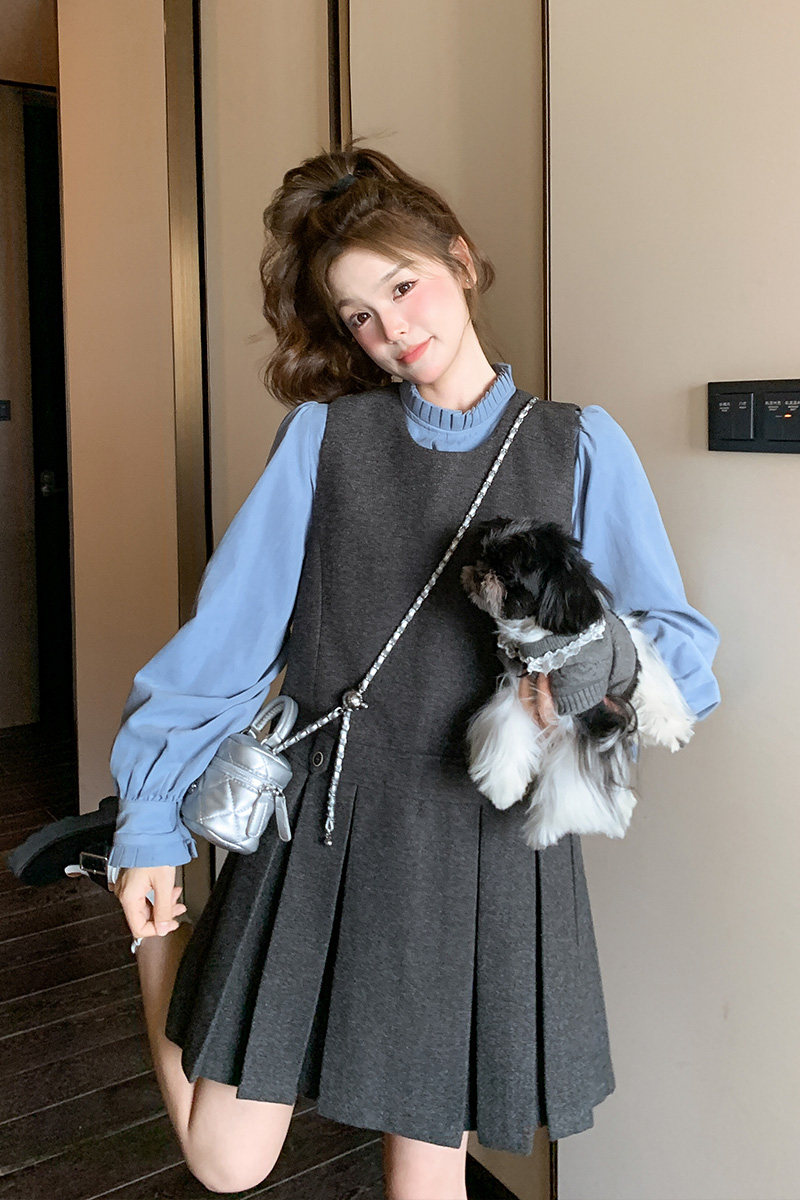 现货高品质蓝色衬衫+毛呢裙两件套装159-736P165K248,女装套装/套裙,浙宝159