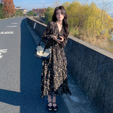 现货足！黑色碎花长袖连衣裙V领高腰长裙159-0901P125K178，女装连衣裙，浙宝159