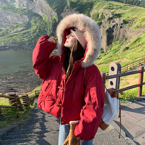 现货  90白鸭绒羽绒服女短款红色外套大毛领159-702P305K458图片