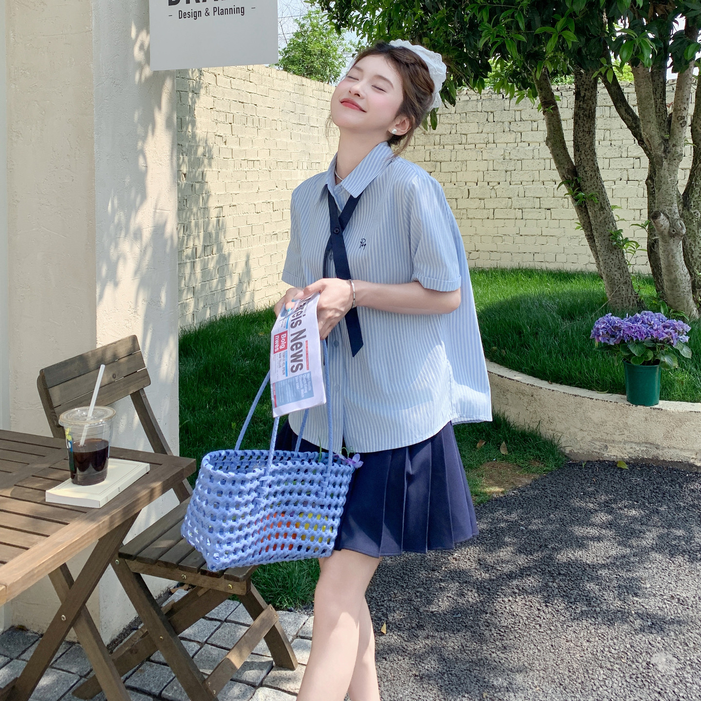 现货学院风JK条纹衬衫半身裙裤两件套装女159-785P145K208，女装套装/套裙，浙宝159