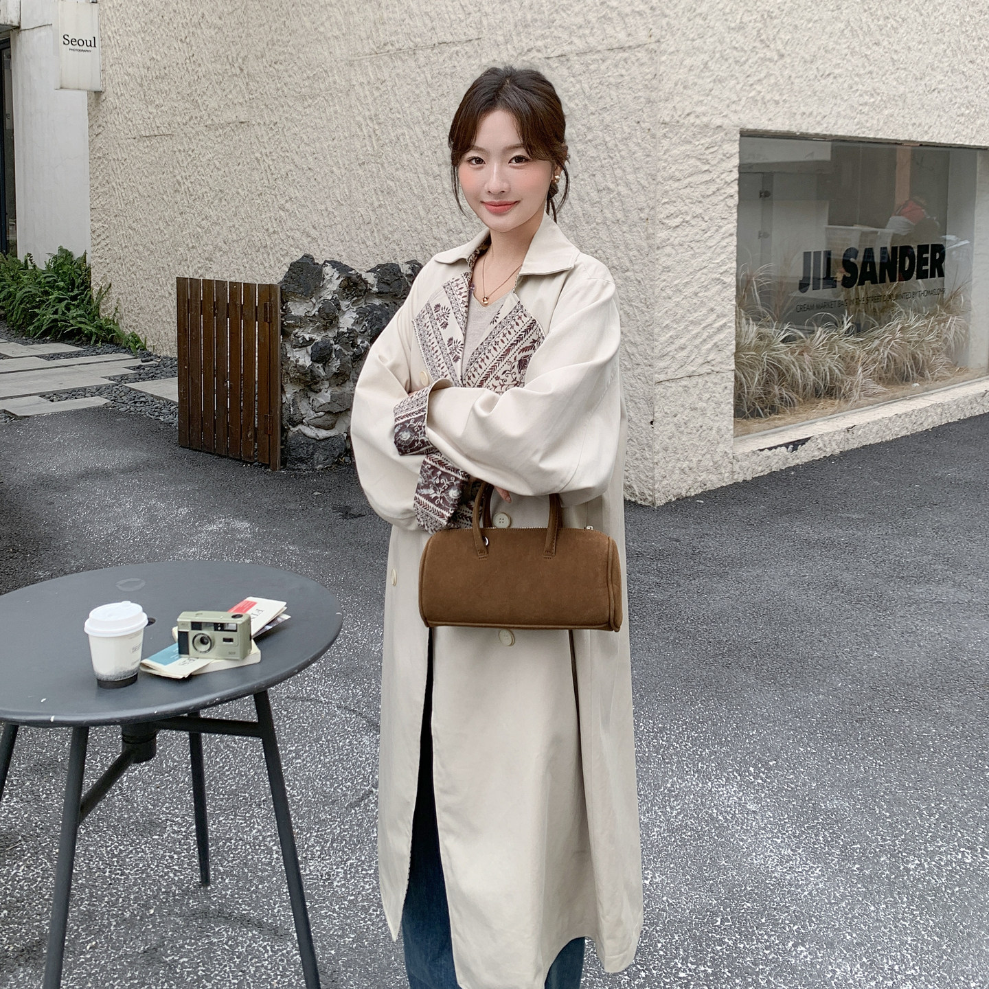 新款2026春装米白色宽松风衣长款159-2602P185K298,女装风衣,浙宝159