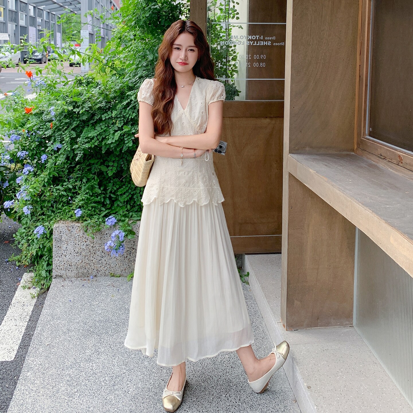 档口现货！米白色蕾丝拼接假两件连衣裙新中式159-506P145K208,女装连衣裙,浙宝159