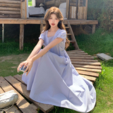 现货法式蓝色韩系修身泡泡袖连衣裙长款159-775P125K188，女装连衣裙，浙宝159