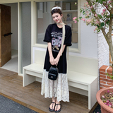 2025新款韩版设计感时尚简约休闲圆领短袖米奇T恤蕾丝拼接连衣裙，商品下架区，浙宝159