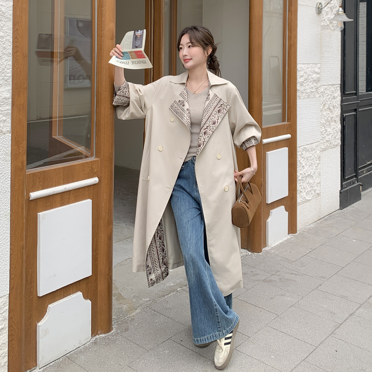 新款通勤风2026春装米白色宽松风衣长款159-2602P185K298,女装风衣,浙宝159