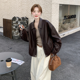 新款！红咖色短款韩系PU休闲皮衣159-531P145K218，女装皮衣，浙宝159