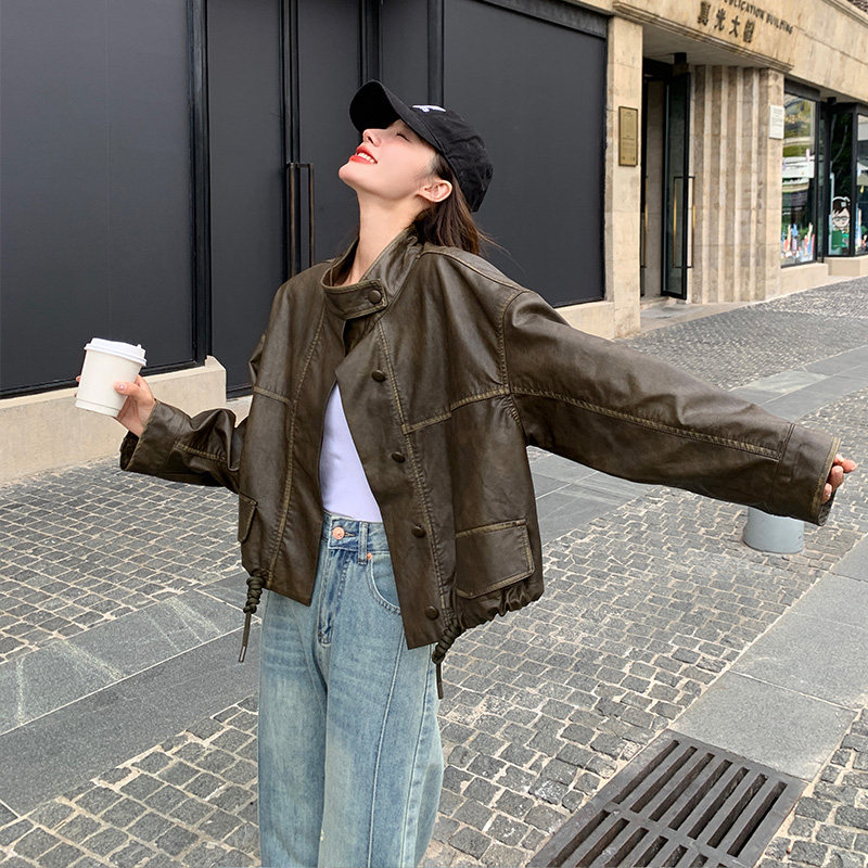 美式复古风咖色短款机车外套女春秋2025超火好看港风PU皮夹克上衣，女装皮衣，浙宝159