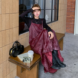 ootd穿搭安克拉红褶皱吊带连衣裙配针织衫2025春季气质皮裙两件套，女装套装/套裙，浙宝159