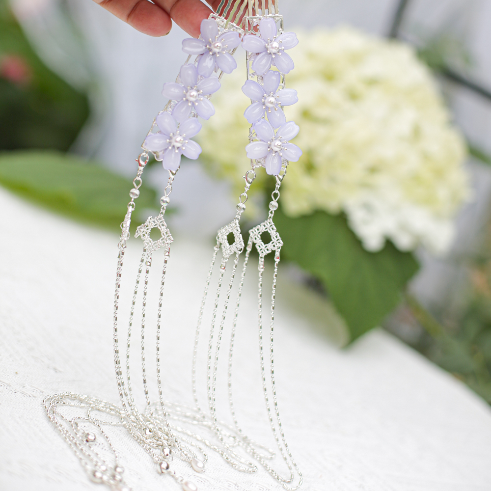 云筃|蓝色小樱花琉璃发梳长流苏梳子汉服头饰甜美古风套装摄影