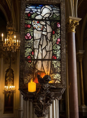 《湖光雾影》手工橡木画框教堂窗花玻璃画墙面装饰艺术壁挂