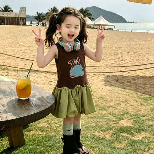 女童连衣裙2026新款夏季儿童时尚复古宽松印花拼接背心裙宝宝裙子