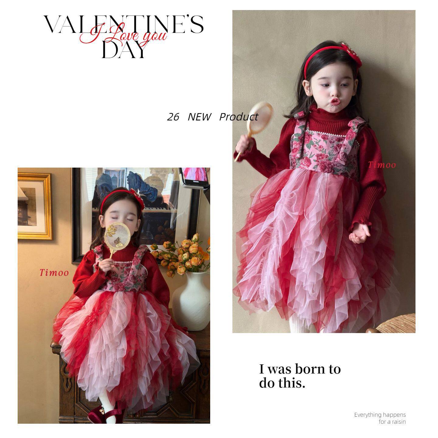 女童连衣裙冬季新款儿童公主裙加厚保暖拜年服红色宝宝衣服童装