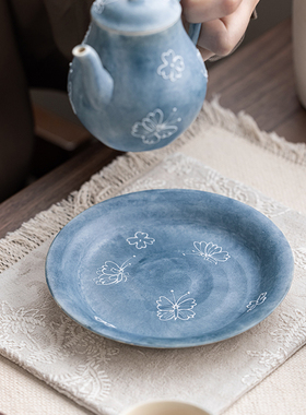 手绘陶瓷蓝色壶承茶壶盖碗底托茶点水果托盘茶具茶台储水盘干泡台