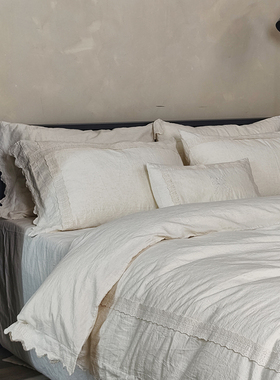 法式复古棉麻四件套 春夏新款本白色蕾丝边做旧质感双人床笠床品