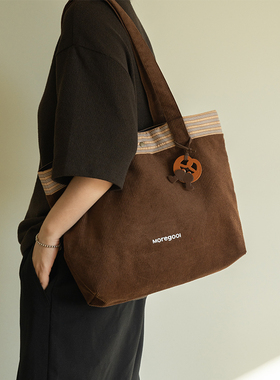 MOREGOOL 25/FW原创 条纹拼接灯芯绒托特包 日常通勤大容量单肩包